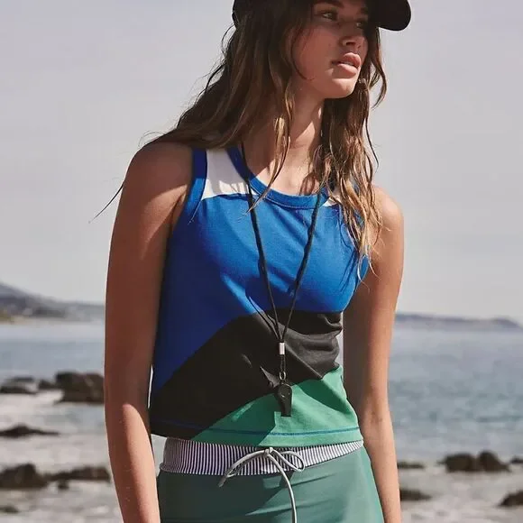 NWOT Free People Basic Tank Varsity Blue Color Black Cotton Green Movement Gym - Picture 11 of 11